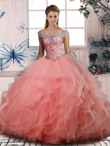 Watermelon Red Sleeveless Floor Length Beading Lace Up Quinceanera Gowns