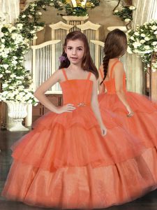 Floor Length Orange Red Little Girls Pageant Dress Wholesale Straps Sleeveless Lace Up