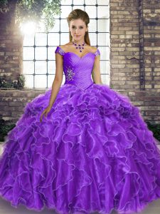 Beautiful Lavender Ball Gowns Beading and Ruffles Quinceanera Dress Lace Up Organza Sleeveless