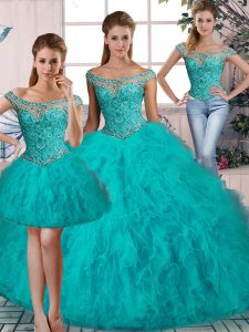 Aqua Blue Ball Gowns Beading and Ruffles Sweet 16 Dress Lace Up Tulle Sleeveless