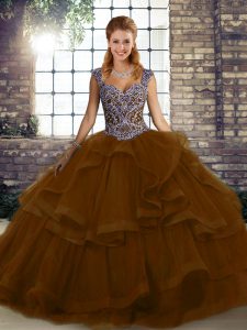 Affordable Straps Sleeveless Tulle 15th Birthday Dress Beading and Ruffles Lace Up