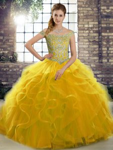 Gold Off The Shoulder Lace Up Beading and Ruffles Quinceanera Gowns Brush Train Sleeveless