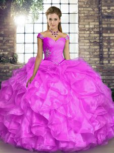 Lilac Organza Lace Up Quince Ball Gowns Sleeveless Floor Length Beading and Ruffles