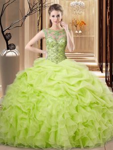 Extravagant Yellow Green Sleeveless Beading and Ruffles and Pick Ups Floor Length Quince Ball Gowns