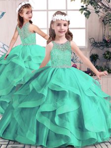 Floor Length Lace Up Child Pageant Dress Aqua Blue for Party and Sweet 16 and Wedding Party with Beading and Ruffles