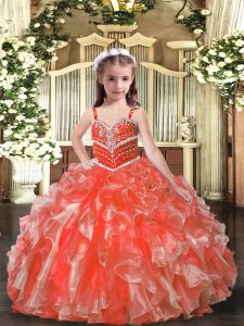 Top Selling Orange Red Ball Gowns Organza Straps Sleeveless Beading and Ruffles Floor Length Lace Up Little Girls Pageant Gowns