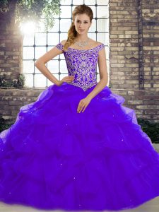 Inexpensive Off The Shoulder Sleeveless Quinceanera Dresses Brush Train Beading and Pick Ups Purple Tulle