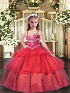 Straps Sleeveless Lace Up Little Girls Pageant Dress Wholesale Red Organza