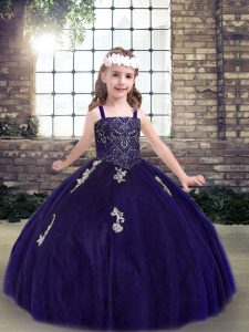 Floor Length Lace Up Pageant Gowns For Girls Purple for Party and Military Ball and Wedding Party with Appliques