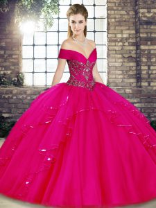 Fine Fuchsia 15 Quinceanera Dress Military Ball and Sweet 16 and Quinceanera with Beading and Ruffles Off The Shoulder Sleeveless Lace Up