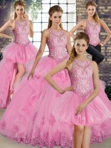 Sweet Ball Gowns Sweet 16 Quinceanera Dress Rose Pink Scoop Tulle Sleeveless Floor Length Lace Up