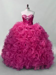 Sweetheart Sleeveless Quinceanera Dresses Floor Length Ruffles and Sequins Hot Pink Organza