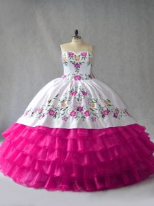 Fabulous Sleeveless Satin and Organza Floor Length Lace Up Quinceanera Gown in Fuchsia with Embroidery and Ruffled Layers