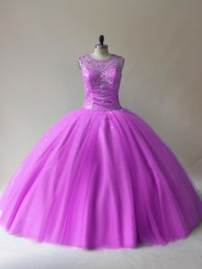 Best Selling Lilac Ball Gowns Scoop Sleeveless Tulle Floor Length Lace Up Beading Quince Ball Gowns