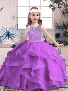 Nice Purple Lace Up Scoop Beading and Ruffles Little Girls Pageant Dress Tulle Sleeveless