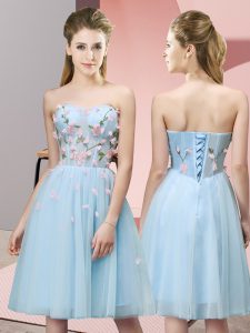 Modest Light Blue Sleeveless Knee Length Appliques Lace Up Quinceanera Dama Dress