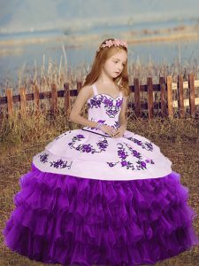 Glorious Sleeveless Floor Length Embroidery and Ruffled Layers Lace Up Little Girls Pageant Dress with Eggplant Purple