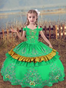 Sleeveless Floor Length Beading and Embroidery Lace Up Child Pageant Dress with Turquoise