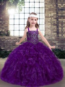 Eggplant Purple Sleeveless Organza Lace Up Child Pageant Dress for Party and Wedding Party