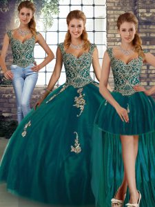 Glorious Peacock Green Three Pieces Tulle Straps Sleeveless Beading and Appliques Floor Length Lace Up Ball Gown Prom Dress