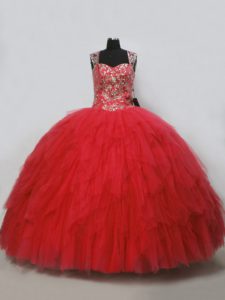 Free and Easy Straps Sleeveless Lace Up 15th Birthday Dress Red Tulle