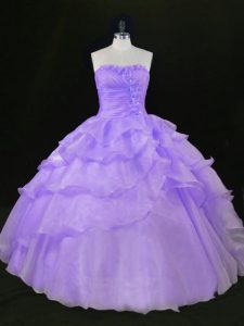 Suitable Sleeveless Organza Floor Length Quinceanera Gowns in Lavender with Beading and Ruffles