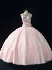 Captivating Peach Sleeveless Floor Length Beading Lace Up Ball Gown Prom Dress