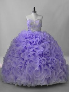 Lavender Ball Gowns Beading Quinceanera Dress Lace Up Fabric With Rolling Flowers Sleeveless