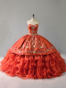 High Quality Floor Length Lace Up Quince Ball Gowns Orange Red for Sweet 16 and Quinceanera with Embroidery and Ruffles