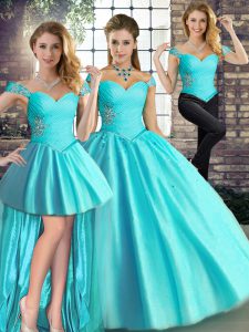 Beading Ball Gown Prom Dress Aqua Blue Lace Up Sleeveless Floor Length