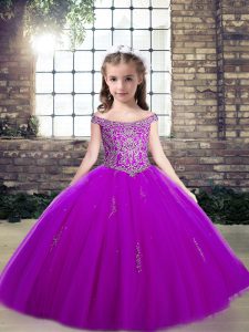 Elegant Purple Lace Up Off The Shoulder Appliques Girls Pageant Dresses Tulle Sleeveless