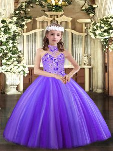 Fashionable Tulle Halter Top Sleeveless Lace Up Appliques Little Girls Pageant Dress Wholesale in Lavender