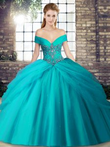 Teal Ball Gowns Off The Shoulder Sleeveless Tulle Brush Train Lace Up Beading and Pick Ups Quinceanera Gown