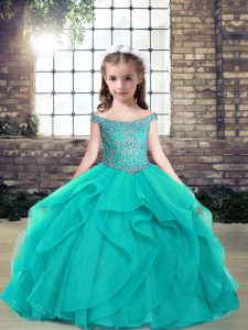 High Quality Teal Ball Gowns Tulle Off The Shoulder Sleeveless Beading Floor Length Lace Up Little Girl Pageant Gowns