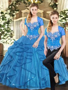 Attractive Sleeveless Tulle Floor Length Lace Up Sweet 16 Dress in Blue with Beading and Ruffles