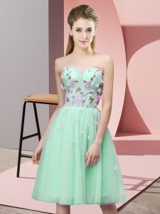 Fabulous Apple Green Empire Sweetheart Sleeveless Tulle Knee Length Lace Up Appliques Quinceanera Court of Honor Dress