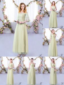 Great Yellow Green Half Sleeves Floor Length Lace and Belt Side Zipper Dama Dress