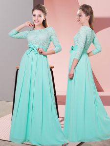 Apple Green Scoop Side Zipper Lace and Belt Vestidos de Damas 3 4 Length Sleeve