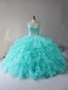 New Style Aqua Blue Ball Gown Prom Dress Scoop Sleeveless Lace Up