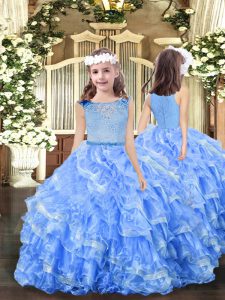 Stylish Blue Organza Zipper Child Pageant Dress Sleeveless Floor Length Beading and Ruffles