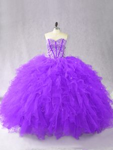 Purple Lace Up Sweetheart Beading and Ruffles Quince Ball Gowns Tulle Sleeveless