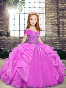 Latest Lilac Sleeveless Floor Length Beading and Ruffles Lace Up Girls Pageant Dresses