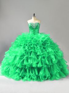 Smart Green Ball Gowns Organza Sweetheart Sleeveless Beading and Ruffles Lace Up Vestidos de Quinceanera