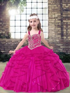 Amazing Fuchsia Lace Up Straps Beading Little Girl Pageant Dress Tulle Sleeveless