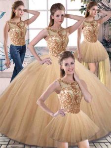 Flare Gold Scoop Lace Up Beading 15 Quinceanera Dress Sleeveless