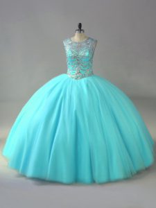 Top Selling Aqua Blue Lace Up Quinceanera Dresses Beading Sleeveless