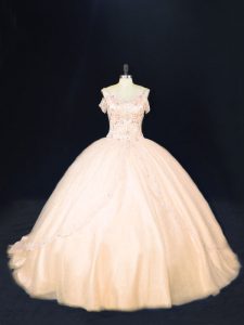 Peach Ball Gown Prom Dress Tulle Court Train Sleeveless Beading