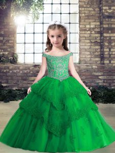 Latest Green Sleeveless Tulle Lace Up Child Pageant Dress for Party and Wedding Party