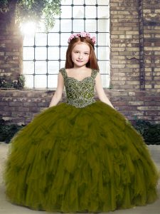 Beautiful Olive Green Tulle Lace Up Straps Sleeveless Floor Length Little Girl Pageant Dress Beading and Ruffles