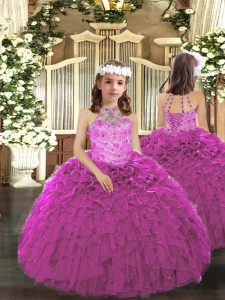 Ball Gowns Pageant Gowns For Girls Fuchsia Halter Top Tulle Sleeveless Floor Length Lace Up